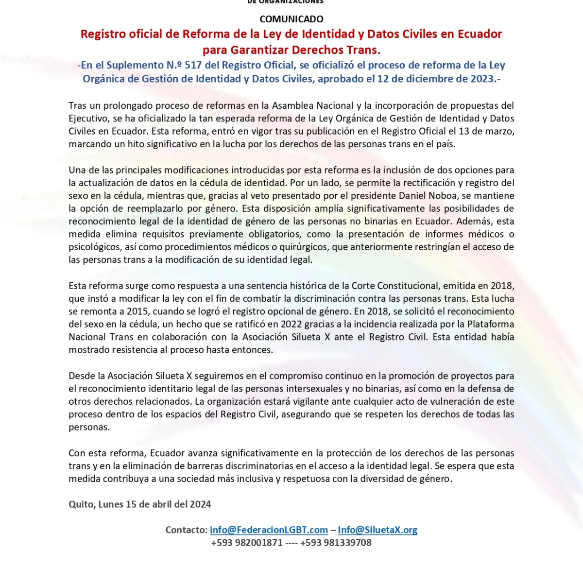 Registro oficial de Reforma de la Ley de Identidad y Datos Civiles en Ecuador para Garantizar Derechos Trans.